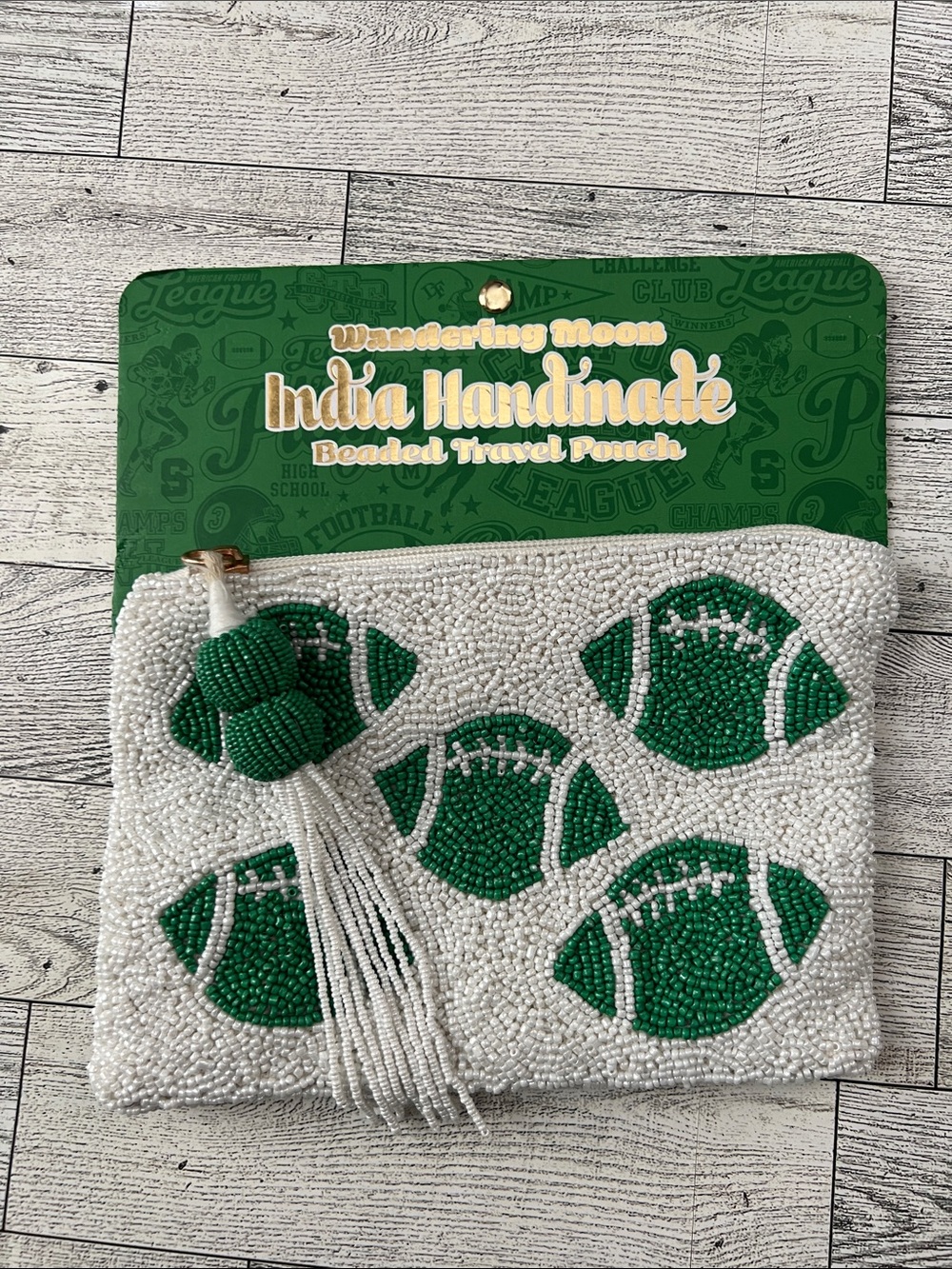 Wandering Moon India Handmade Beaded Travel Pouch with Green Football Motif
